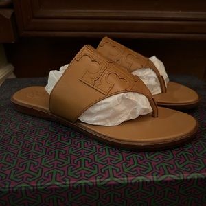 Tory Burch Jamie Royal Tan Calf Leather Full Logo Thong Slip On Sandals Sz 7